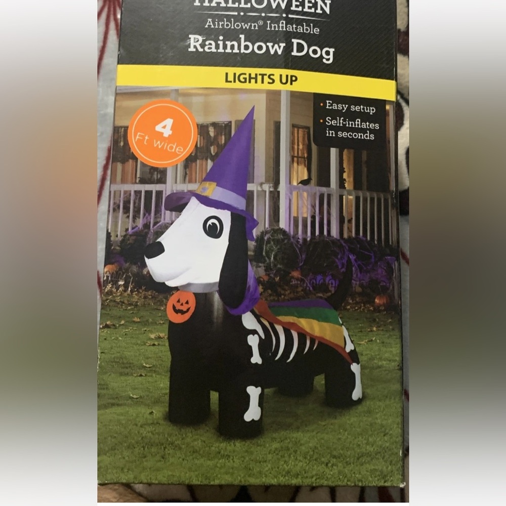 Rainbow Halloween Witch Dog Inflatable Airblown Gemmy 4 Feet Wide NIB